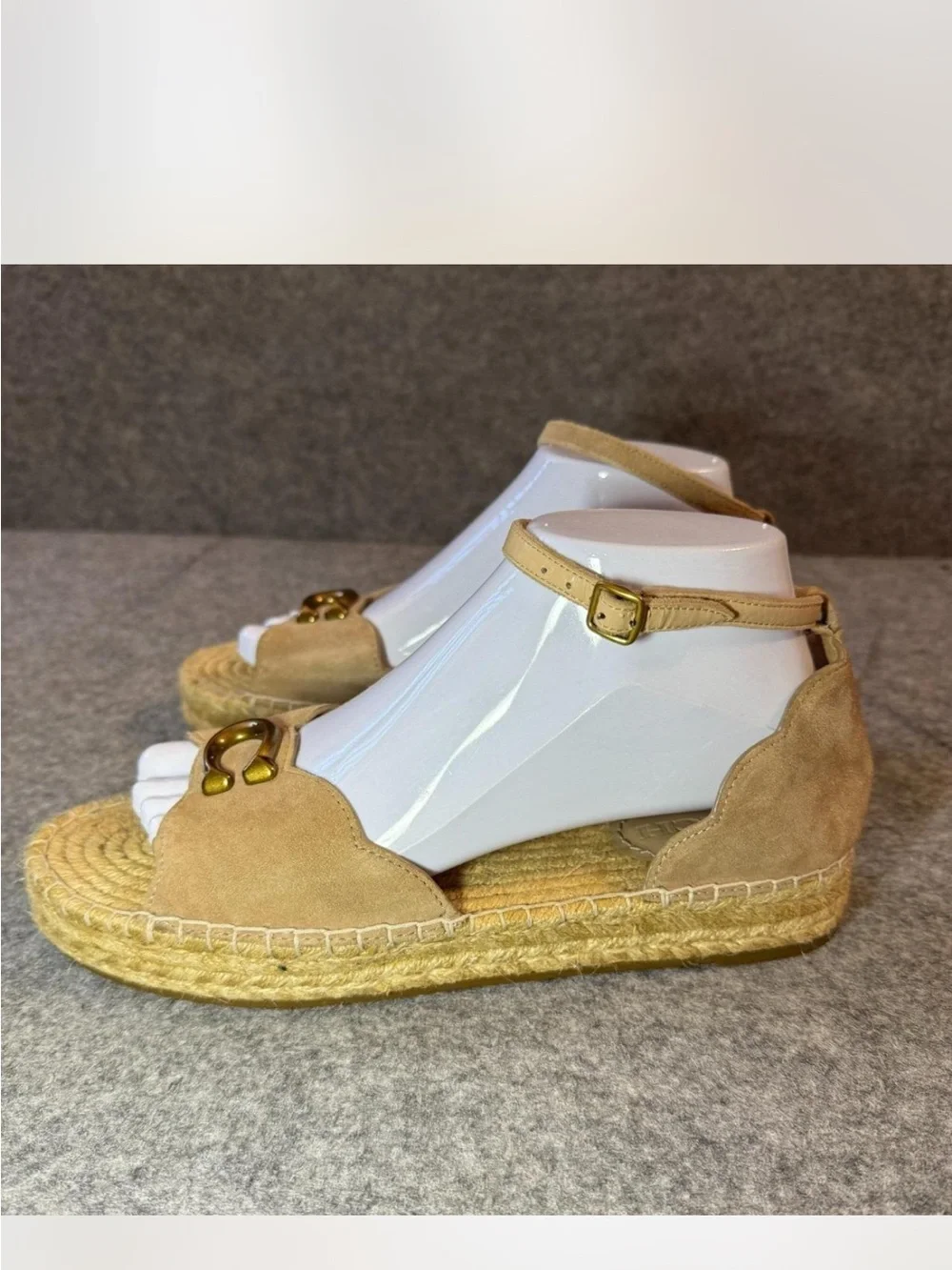 Coach Tan Suede Espadrille Slide with Gold Logo